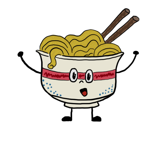 Soupy, a cheerful noodle bowl mascot with chopsticks, cheering with both arms up